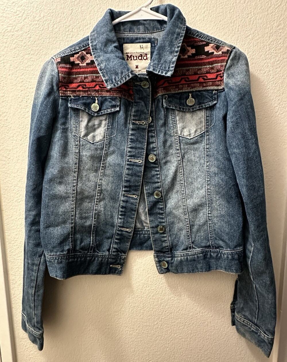 Mudd Vintage Women's Blue Aztec Southwestern Embroidered Yoke Button Jacket M